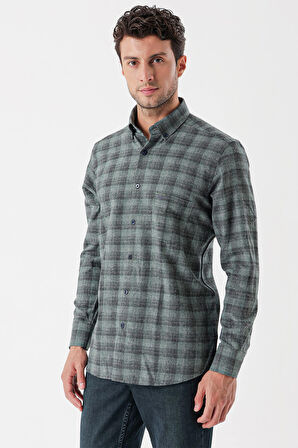 Uzun Kollu Ekoseli Gabardin Sert Yaka Cepli Casual Comfort Fit Gömlek 1004235113 Koyu Yeşil