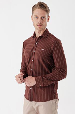 Kiremit Uzun Kollu Çizgili Örme Cepsiz Casual Slim Fit Dar Kesim Gömlek 1004235114