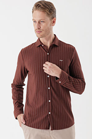 Kiremit Uzun Kollu Çizgili Örme Cepsiz Casual Slim Fit Dar Kesim Gömlek 1004235114