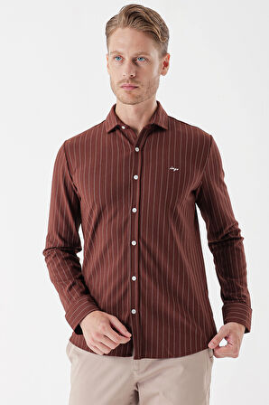 Kiremit Uzun Kollu Çizgili Örme Cepsiz Casual Slim Fit Dar Kesim Gömlek 1004235114