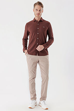 Kiremit Uzun Kollu Çizgili Örme Cepsiz Casual Slim Fit Dar Kesim Gömlek 1004235114