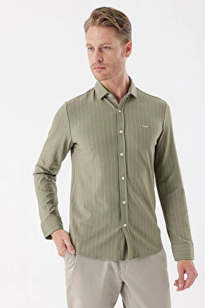 Koyu Haki Uzun Kollu Çizgili Örme Cepsiz Casual Slim Fit Dar Kesim Gömlek 1004235114