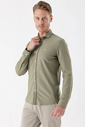 Koyu Haki Uzun Kollu Çizgili Örme Cepsiz Casual Slim Fit Dar Kesim Gömlek 1004235114