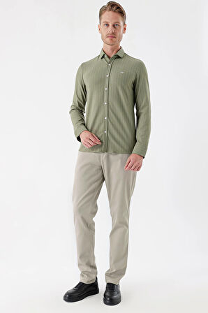 Koyu Haki Uzun Kollu Çizgili Örme Cepsiz Casual Slim Fit Dar Kesim Gömlek 1004235114