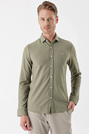 Koyu Haki Uzun Kollu Çizgili Örme Cepsiz Casual Slim Fit Dar Kesim Gömlek 1004235114