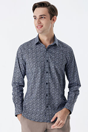 Koyu Lacivert Uzun Kollu Baskılı  Sert Yaka Cepsiz  Pamuklu Likralı Klasik Slim Fit Gömlek 1004235127