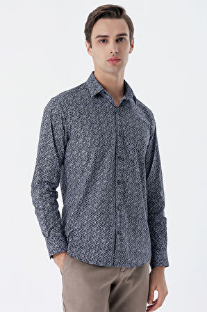 Koyu Lacivert Uzun Kollu Baskılı  Sert Yaka Cepsiz  Pamuklu Likralı Klasik Slim Fit Gömlek 1004235127