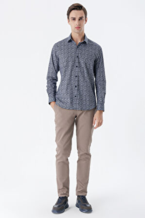 Koyu Lacivert Uzun Kollu Baskılı  Sert Yaka Cepsiz  Pamuklu Likralı Klasik Slim Fit Gömlek 1004235127