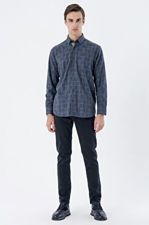 Uzun Kollu Ekoseli Düğmeli Yaka Cepli Garnili Pamuklu Klasik Comfort Fit Gömlek 1004235142 Koyu Lacivert