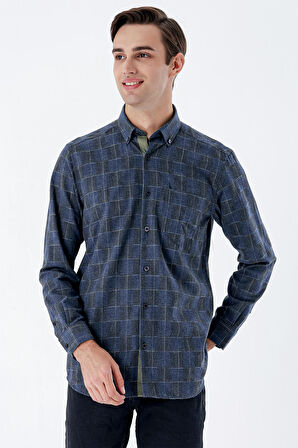 Uzun Kollu Ekoseli Düğmeli Yaka Cepli Garnili Pamuklu Klasik Comfort Fit Gömlek 1004235142 Koyu Lacivert