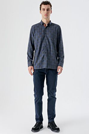 Uzun Kollu Ekoseli Düğmeli Yaka Cepli Garnili Pamuklu Klasik Comfort Fit Gömlek 1004235142 Lacivert