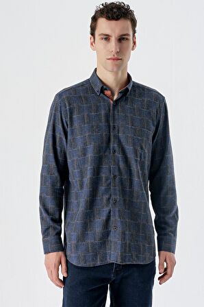 Uzun Kollu Ekoseli Düğmeli Yaka Cepli Garnili Pamuklu Klasik Comfort Fit Gömlek 1004235142 Lacivert