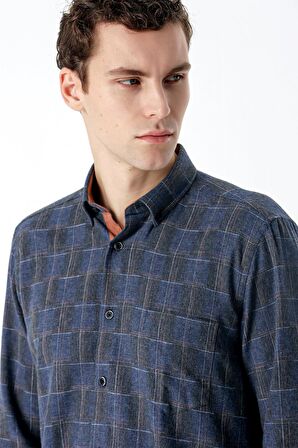 Uzun Kollu Ekoseli Düğmeli Yaka Cepli Garnili Pamuklu Klasik Comfort Fit Gömlek 1004235142 Lacivert