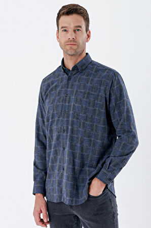 Uzun Kollu Ekoseli Düğmeli Yaka Cepli Garnili Pamuklu Klasik Comfort Fit Gömlek 1004235142 Lacivert