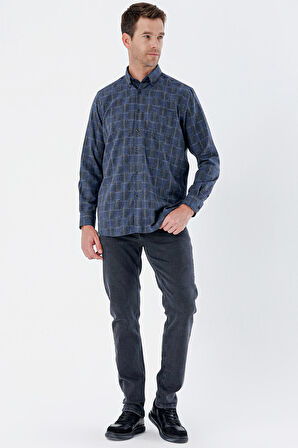 Uzun Kollu Ekoseli Düğmeli Yaka Cepli Garnili Pamuklu Klasik Comfort Fit Gömlek 1004235142 Lacivert