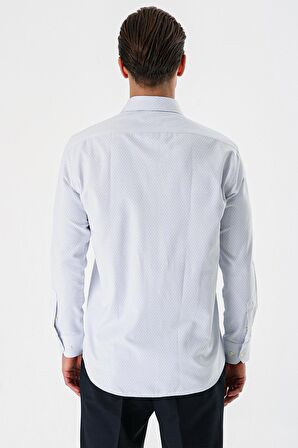 Koyu Mavi Uzun Kollu Desenli Armürlü Sert Yaka Cepli Pamuklu Comfort Fit Gömlek 1004235160