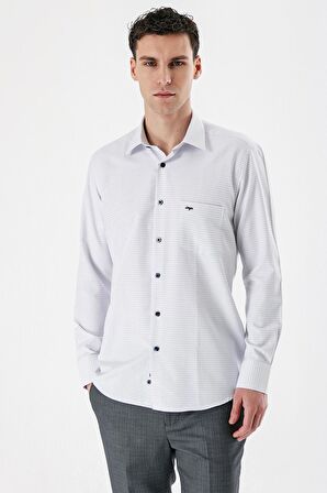 Koyu Lacivert Uzun Kollu Kareli Gabardin Sert Yaka Cepli Pamuklu Comfort Fit Gömlek 1004235162