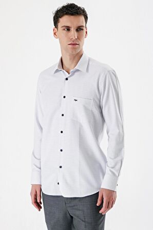 Koyu Lacivert Uzun Kollu Kareli Gabardin Sert Yaka Cepli Pamuklu Comfort Fit Gömlek 1004235162