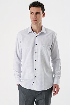 Koyu Lacivert Uzun Kollu Kareli Gabardin Sert Yaka Cepli Pamuklu Comfort Fit Gömlek 1004235162