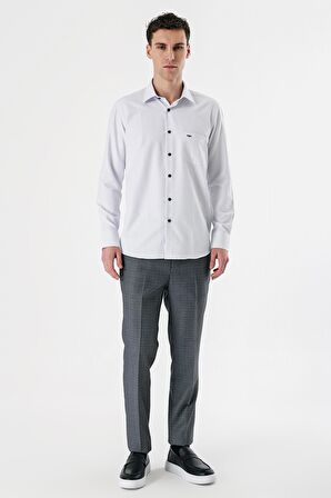 Koyu Lacivert Uzun Kollu Kareli Gabardin Sert Yaka Cepli Pamuklu Comfort Fit Gömlek 1004235162