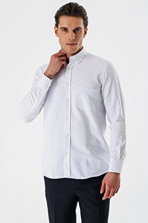 Ekru Uzun Kollu Baskılı Bez Ayağı Düğmeli Yaka Cepli Pamuklu Comfort Fit Gömlek 1004235164