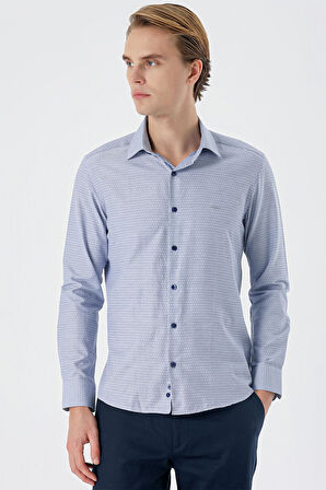 Koyu Lacivert Uzun Kollu Desenli Armürlü Sert Yaka Cepsiz Pamuklu Slim Fit Dar Kesim Gömlek 1004235168
