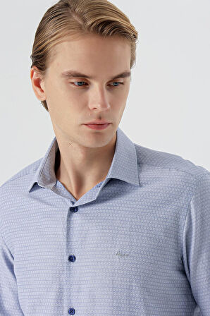 Koyu Lacivert Uzun Kollu Desenli Armürlü Sert Yaka Cepsiz Pamuklu Slim Fit Dar Kesim Gömlek 1004235168