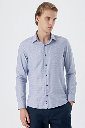 Koyu Lacivert Uzun Kollu Desenli Armürlü Sert Yaka Cepsiz Pamuklu Slim Fit Dar Kesim Gömlek 1004235168