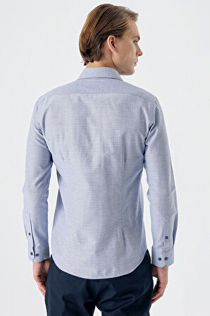 Koyu Lacivert Uzun Kollu Desenli Armürlü Sert Yaka Cepsiz Pamuklu Slim Fit Dar Kesim Gömlek 1004235168