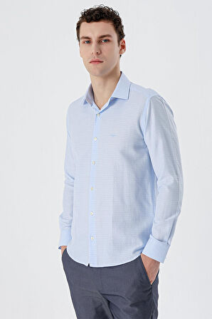 Koyu Mavi Uzun Kollu Desenli Armürlü Sert Yaka Cepsiz Pamuklu Slim Fit Dar Kesim Gömlek 1004235168