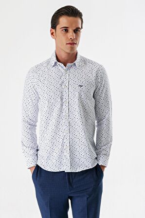 Beyaz Uzun Kollu Baskılı Bez Ayağı Düğmeli Yaka Cepsiz Pamuklu Slim Fit Gömlek 1004235170