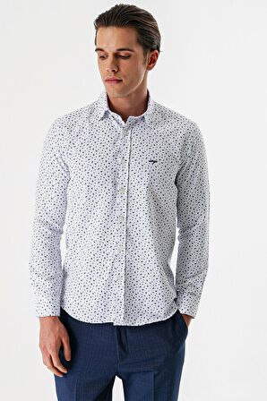 Beyaz Uzun Kollu Baskılı Bez Ayağı Düğmeli Yaka Cepsiz Pamuklu Slim Fit Gömlek 1004235170