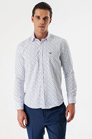 Beyaz Uzun Kollu Baskılı Bez Ayağı Düğmeli Yaka Cepsiz Pamuklu Slim Fit Gömlek 1004235170
