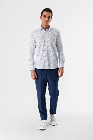 Beyaz Uzun Kollu Baskılı Bez Ayağı Düğmeli Yaka Cepsiz Pamuklu Slim Fit Gömlek 1004235170