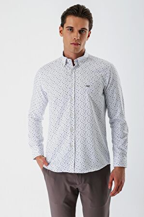 Beyaz Uzun Kollu Baskılı Bez Ayağı Düğmeli Yaka Cepsiz Pamuklu Slim Fit Gömlek 1004235170