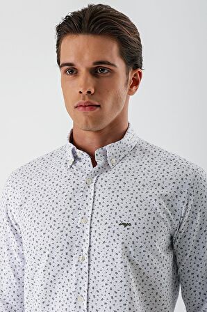 Beyaz Uzun Kollu Baskılı Bez Ayağı Düğmeli Yaka Cepsiz Pamuklu Slim Fit Gömlek 1004235170