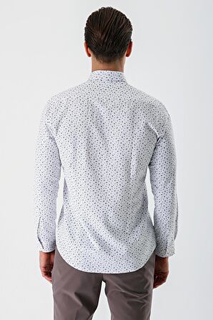 Beyaz Uzun Kollu Baskılı Bez Ayağı Düğmeli Yaka Cepsiz Pamuklu Slim Fit Gömlek 1004235170