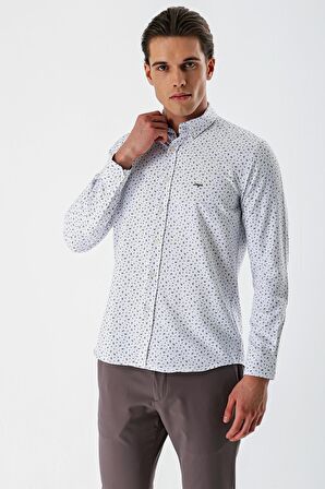 Beyaz Uzun Kollu Baskılı Bez Ayağı Düğmeli Yaka Cepsiz Pamuklu Slim Fit Gömlek 1004235170