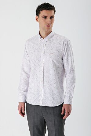 Ekru Uzun Kollu Baskılı Bez Ayağı Düğmeli Yaka Cepsiz Pamuklu Slim Fit Gömlek 1004235170