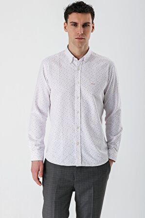 Ekru Uzun Kollu Baskılı Bez Ayağı Düğmeli Yaka Cepsiz Pamuklu Slim Fit Gömlek 1004235170