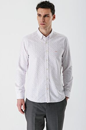 Ekru Uzun Kollu Baskılı Bez Ayağı Düğmeli Yaka Cepsiz Pamuklu Slim Fit Gömlek 1004235170