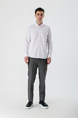 Ekru Uzun Kollu Baskılı Bez Ayağı Düğmeli Yaka Cepsiz Pamuklu Slim Fit Gömlek 1004235170