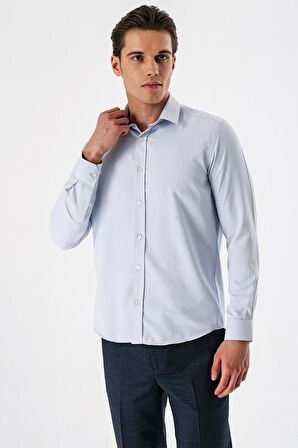 Koyu Lacivert Uzun Kollu Desenli Armürlü Sert Yaka Cepsiz Pamuklu Slim Fit Dar Kesim Gömlek 1004235171