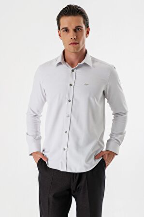 Açık Bej Uzun Kollu Desenli Armürlü Sert Yaka Cepsiz Pamuklu Slim Fit Dar Kesim Gömlek 1004235171