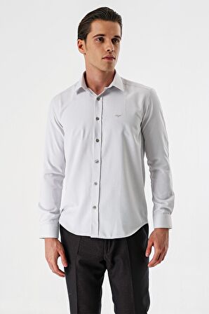 Açık Bej Uzun Kollu Desenli Armürlü Sert Yaka Cepsiz Pamuklu Slim Fit Dar Kesim Gömlek 1004235171