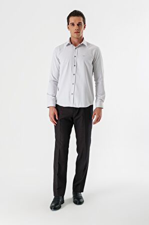 Açık Bej Uzun Kollu Desenli Armürlü Sert Yaka Cepsiz Pamuklu Slim Fit Dar Kesim Gömlek 1004235171
