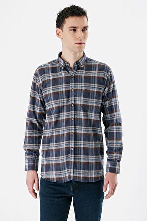 Lacivert Uzun Kollu Ekoseli Bez Ayağı Düğmeli Yaka Cepli Pamuklu Comfort Fit Gömlek 1004235173