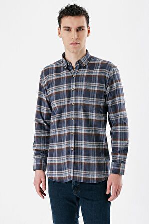 Lacivert Uzun Kollu Ekoseli Bez Ayağı Düğmeli Yaka Cepli Pamuklu Comfort Fit Gömlek 1004235173