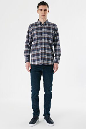 Lacivert Uzun Kollu Ekoseli Bez Ayağı Düğmeli Yaka Cepli Pamuklu Comfort Fit Gömlek 1004235173