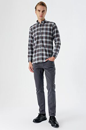 Mavi Uzun Kollu Ekoseli Bez Ayağı Düğmeli Yaka Cepli Pamuklu Comfort Fit Gömlek 1004235173